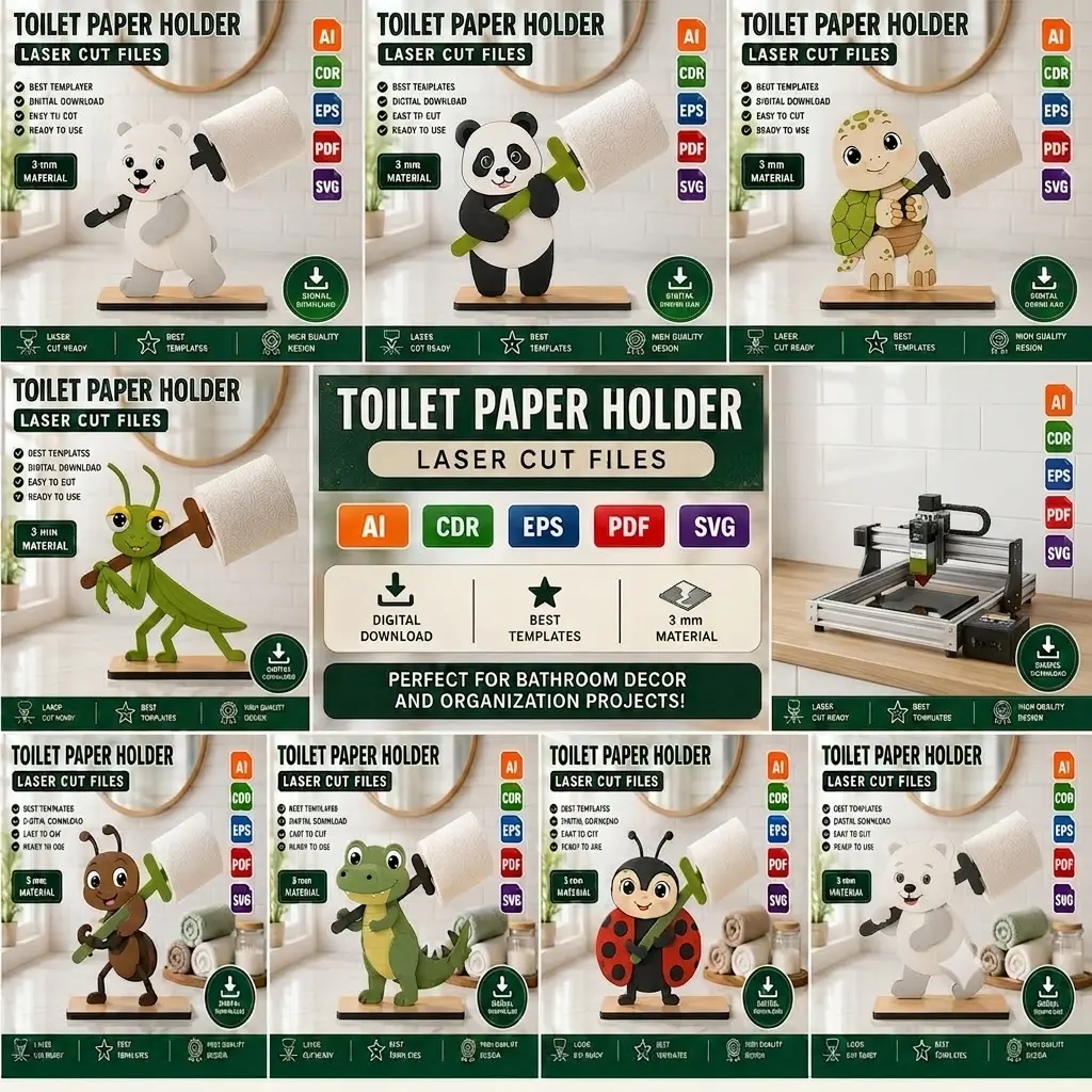 Animal toilet roll holder laser cut file bundle with twelve freestanding wooden designs