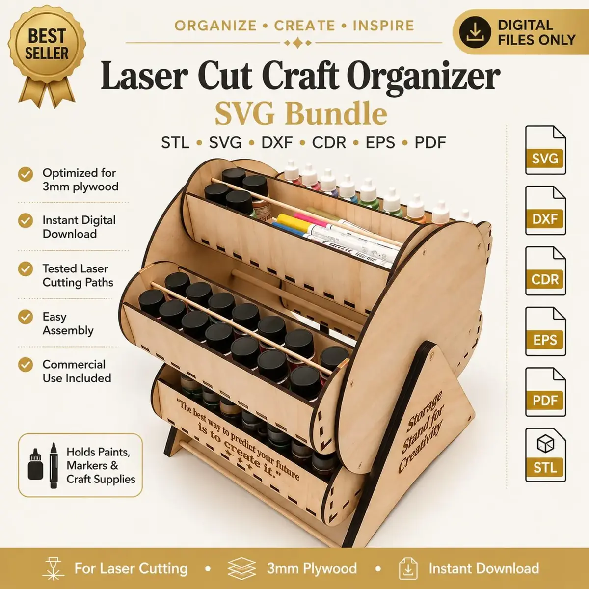 Rotating wooden craft organizer for paints markers and creative supplies