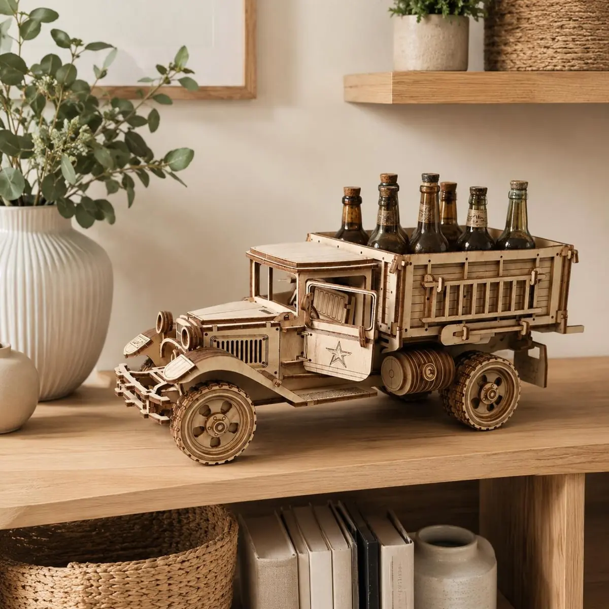 Laser cut wooden vintage truck bottle carrier holding six bottles