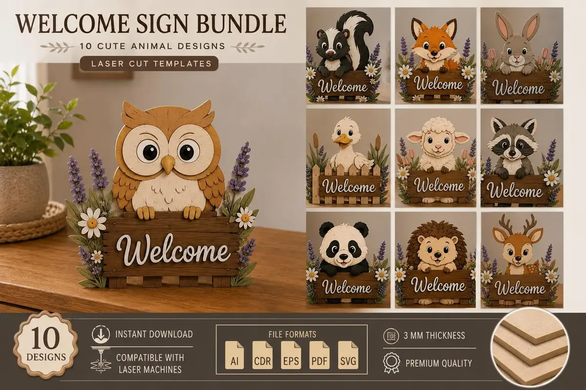 Layered wood welcome sign with farmhouse style, laser cut and assembled