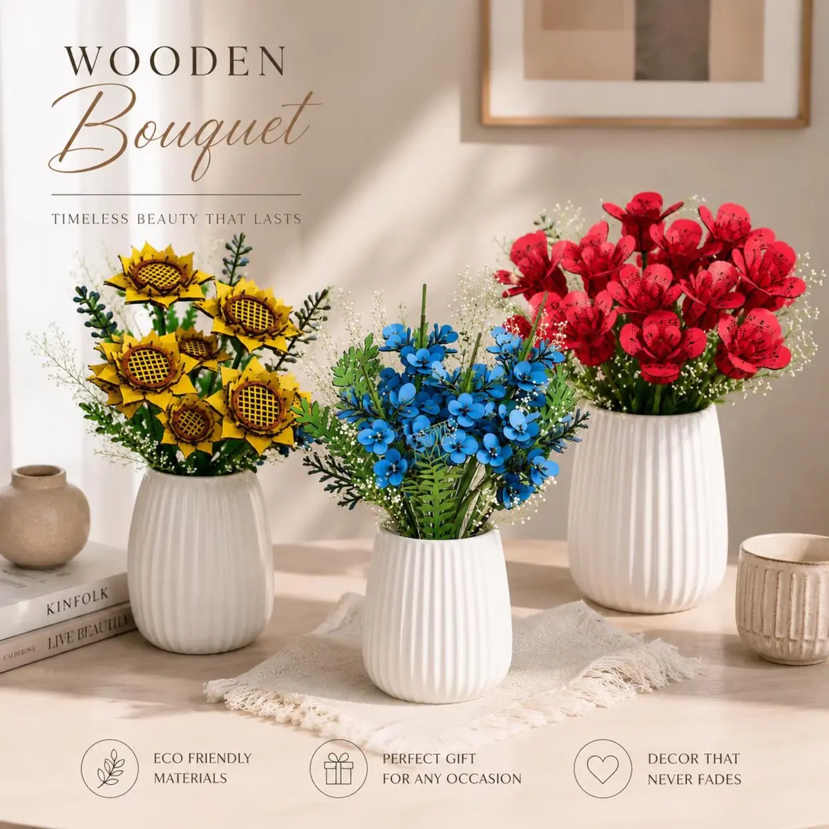 Colorful wooden flower bouquets made from laser cut files in white ceramic vases